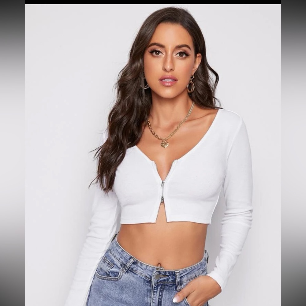 Zipper placket rib-knit crop tee